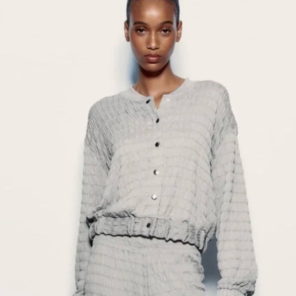 Zara Textured Weave Pucker Bomber Jacket